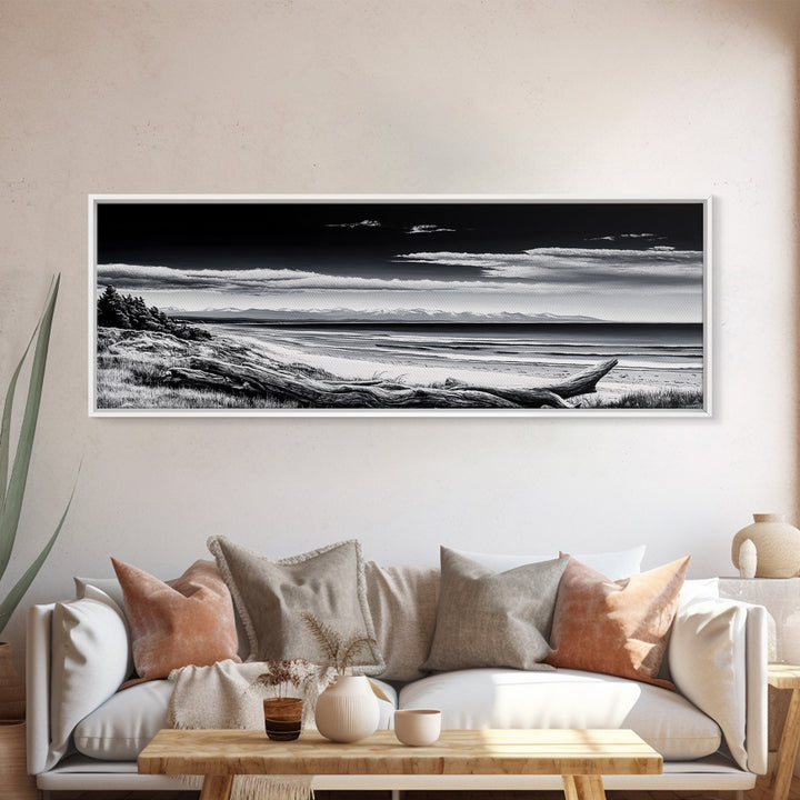 Black and White Beach, Coastal Wall Art, Modern Seascape, Minimalist Art, Monochrome Print, Framed Canvas Print, Bedroom Decor