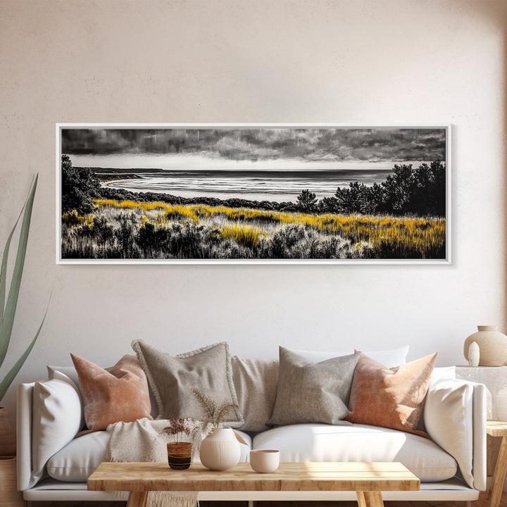 Coastal Storm, Moody Ocean Art, Dramatic Landscape, Black and Gold Print, Framed Canvas Print, Modern Wall Art, Beach House Decor