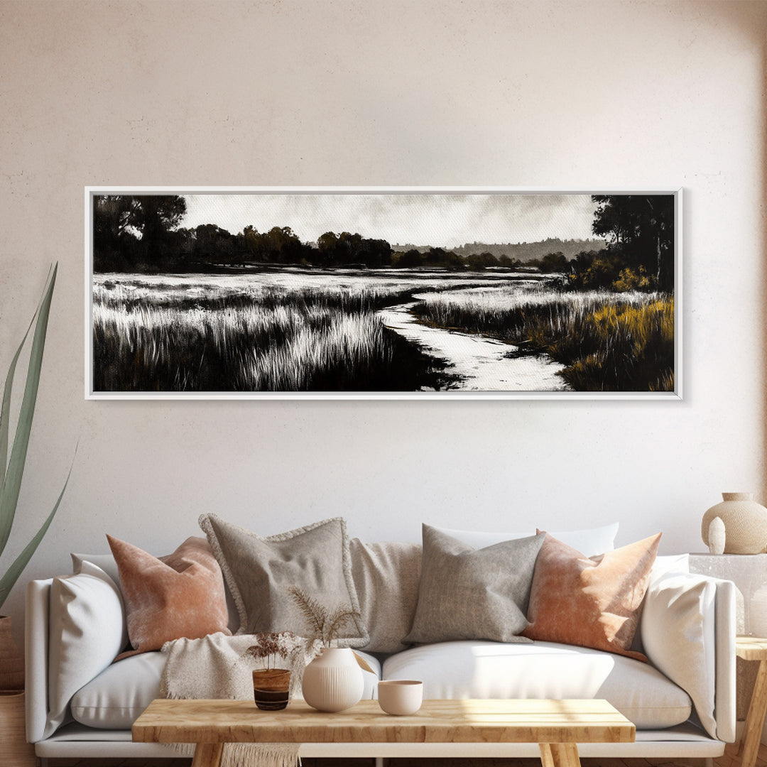 Black and White Marsh, Rustic Landscape, Moody Wall Art, Minimalist Nature Print, Framed Canvas Print, Bedroom Wall Decor