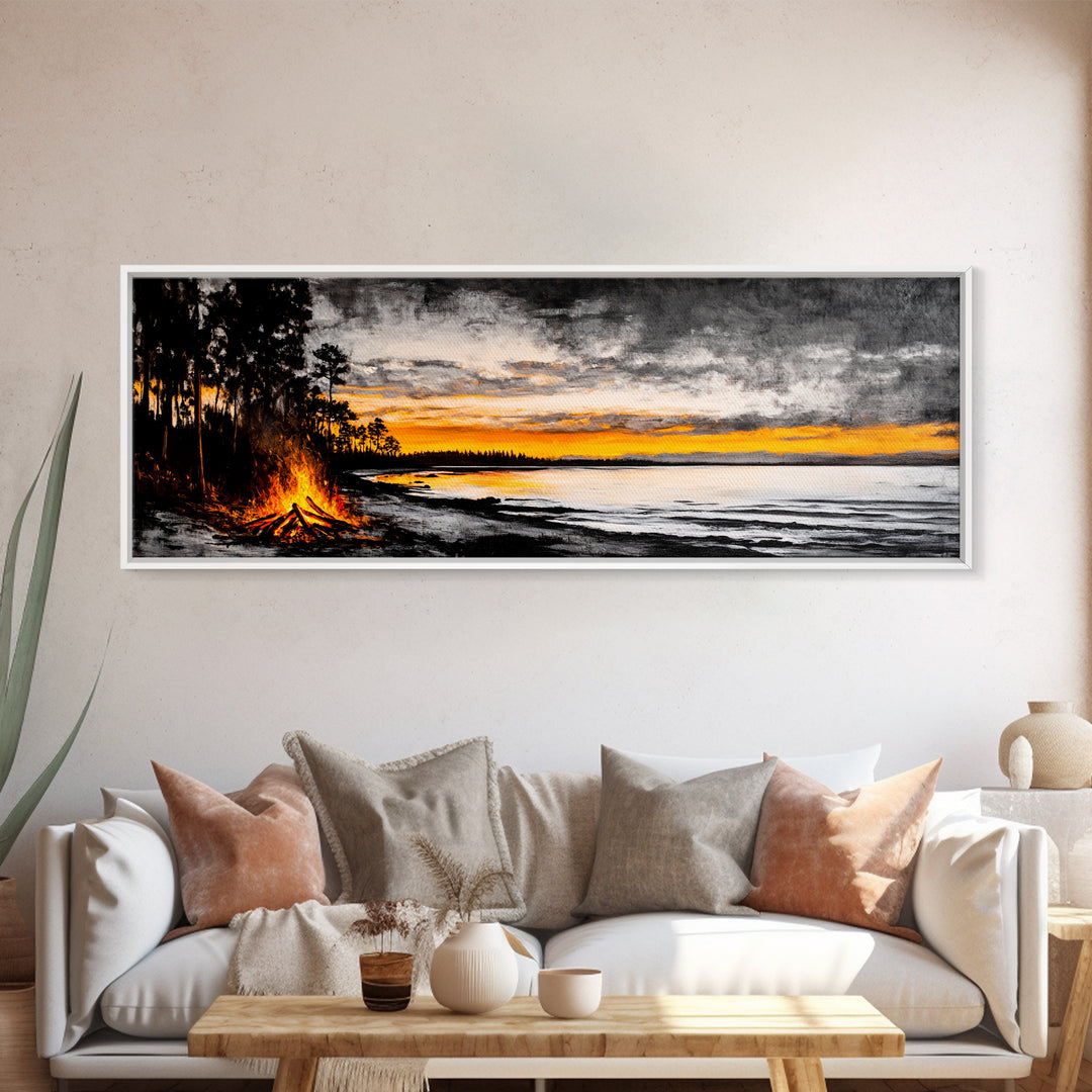 Campfire by Lake, Sunset Landscape Art, Cozy Rustic Print, Fall Wall Decor, Outdoor Adventure Canvas Print, Framed Canvas Print