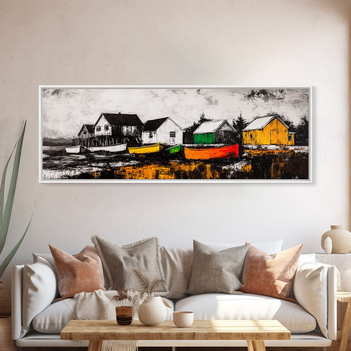 Coastal Village, Nautical Wall Art, Boat Painting, Framed Canvas Print, Beach House Decor, Seaside Landscape, Maritime Theme