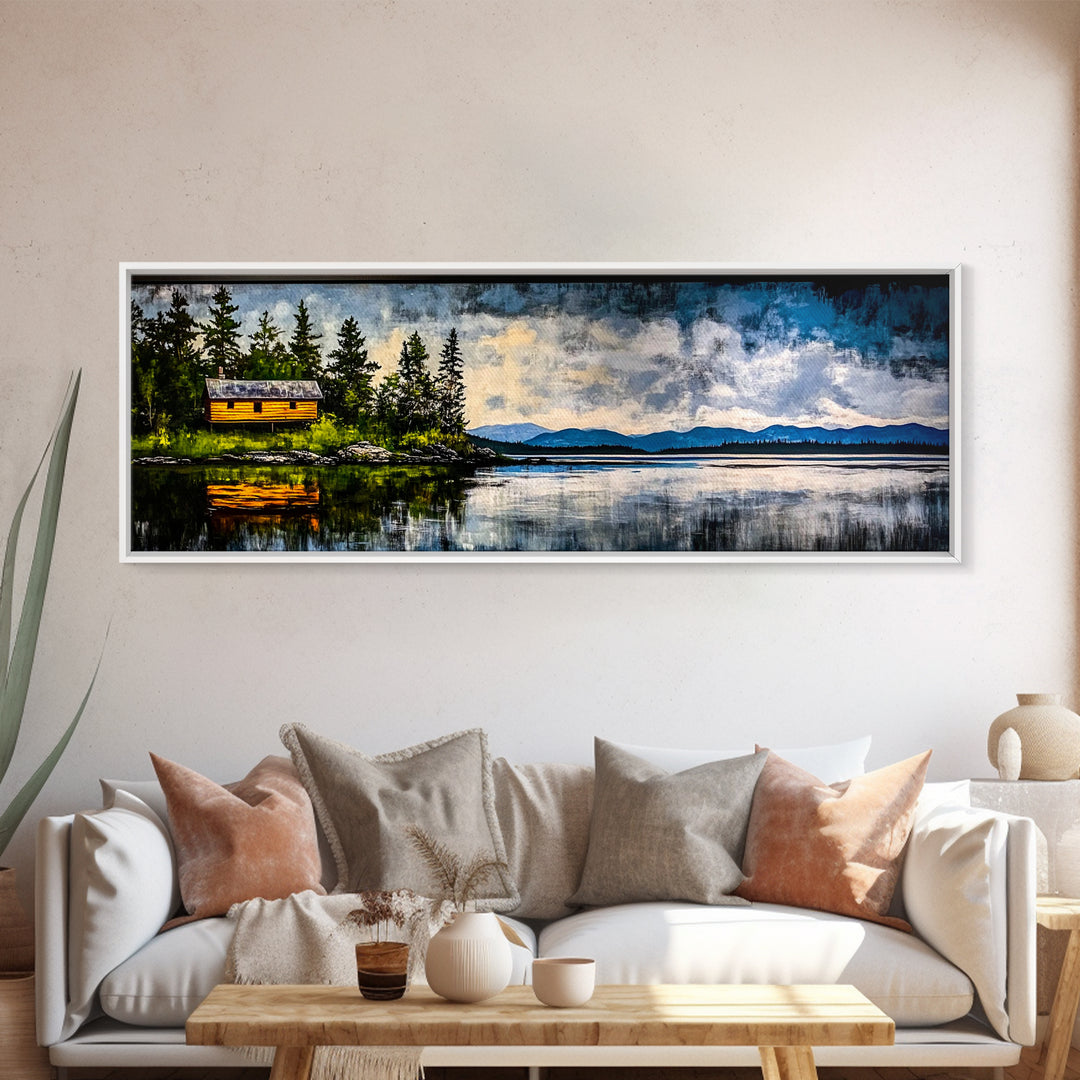 Cabin on the Lake, Peaceful Landscape, Nature Lover Art, Framed Canvas Print, Mountain View, Serene Wall Decor, Scenic Painting