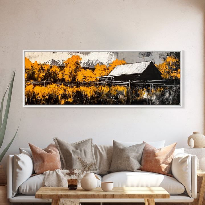 Rustic Cabin, Autumn Mountain Art, Western Wall Decor, Farmhouse Art, Fall Home Decor, Framed Canvas Print, Living Room Wall Art