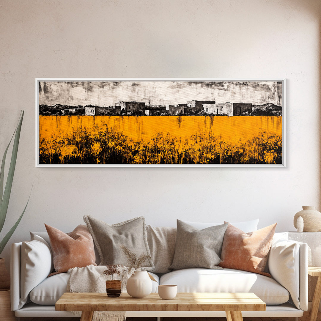 Desert Village, Southwestern Art, Yellow Landscape, Canvas Print, Rustic Wall Decor, Living Room Wall Art, Modern Abstract, Boho Aesthetic
