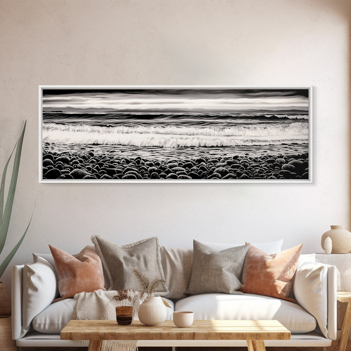 Black and White, Pebble Beach, Monochrome Ocean Art, Coastal Canvas Print, Minimalist Wall Art, Living Room Decor, Framed Canvas Print