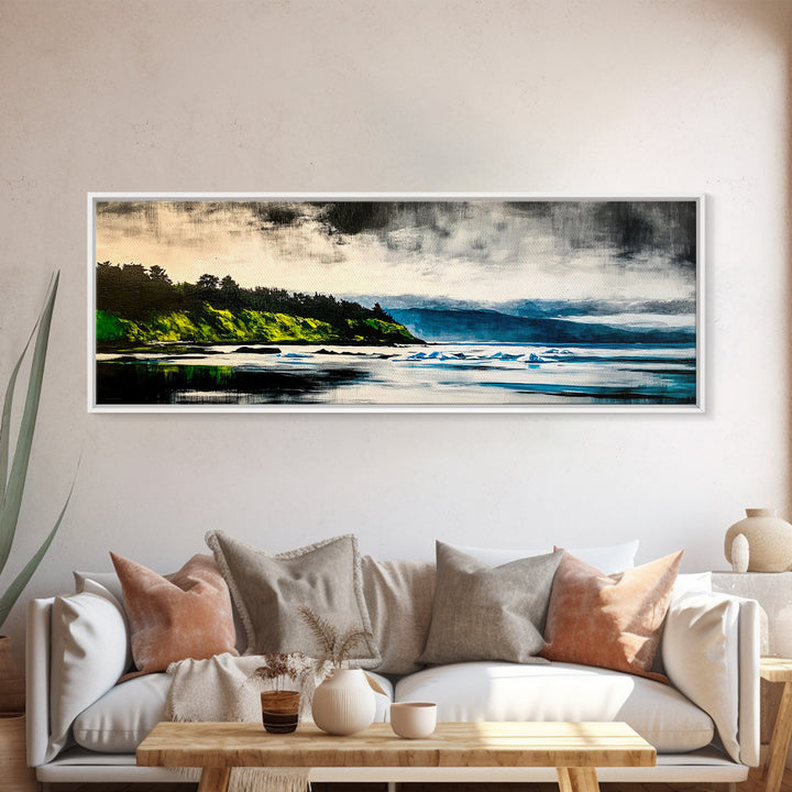 Coastal Wilderness, Green Cliffs and Water, Framed Canvas Print, Modern Nature Art, Living Room Wall Art, Bold Landscape Painting, Serene Decor