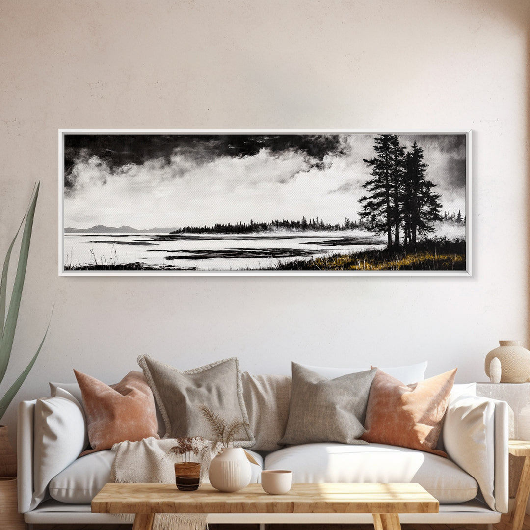 Coastal Landscape Art, Black and White Wall Print, Minimalist Seascape Decor, Modern Beach House Artwork, Canvas Print