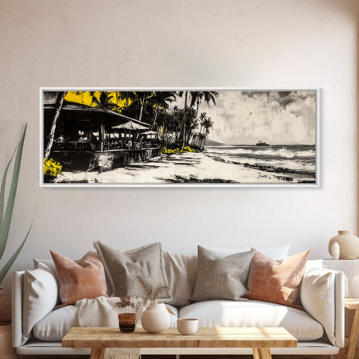 Beachside Restaurant, Ocean Waves, Coastal Cafe, Palm Trees, Framed Canvas Print, Tropical Wall Art, Living Room Art, Nautical Decor