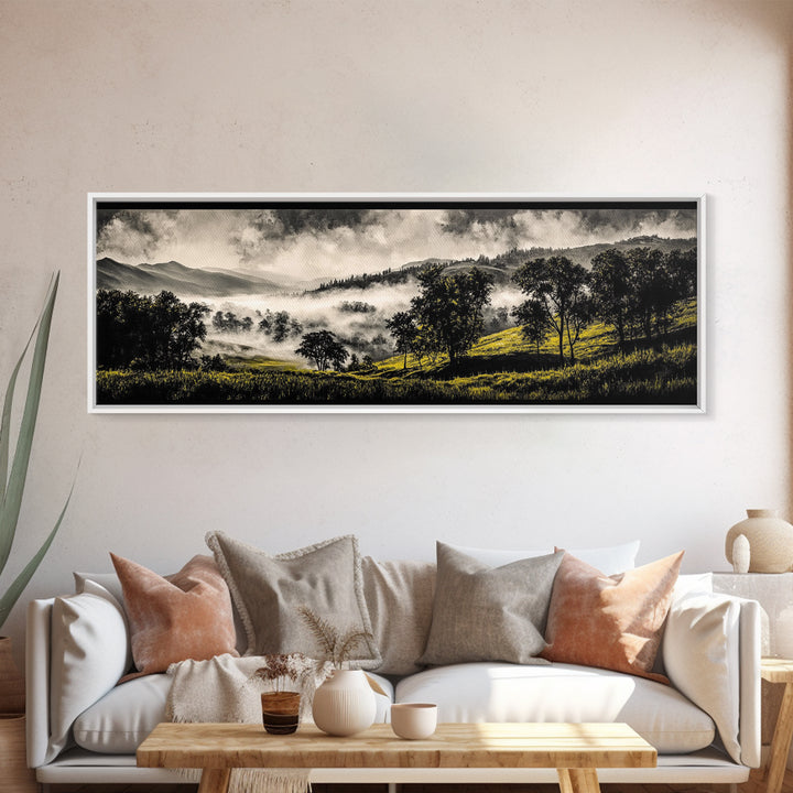 Rolling Hills, Misty Landscape, Moody Mountain Art, Nature Inspired Decor, Framed Canvas Print, Living Room Wall Art, Dramatic Foggy Scene