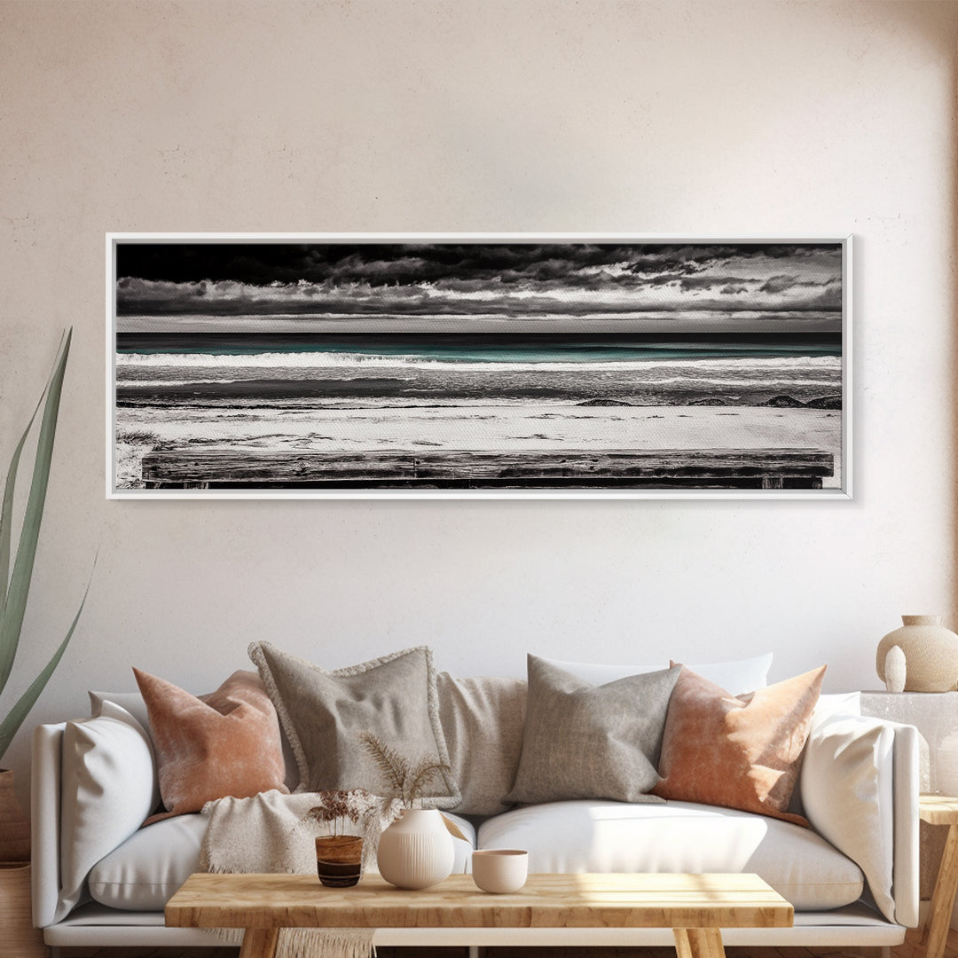Ocean Bench, Beach Serenity, Black and White Seascape, Minimalist Art, Framed Canvas Print, Calm Coastal, Meditation Space