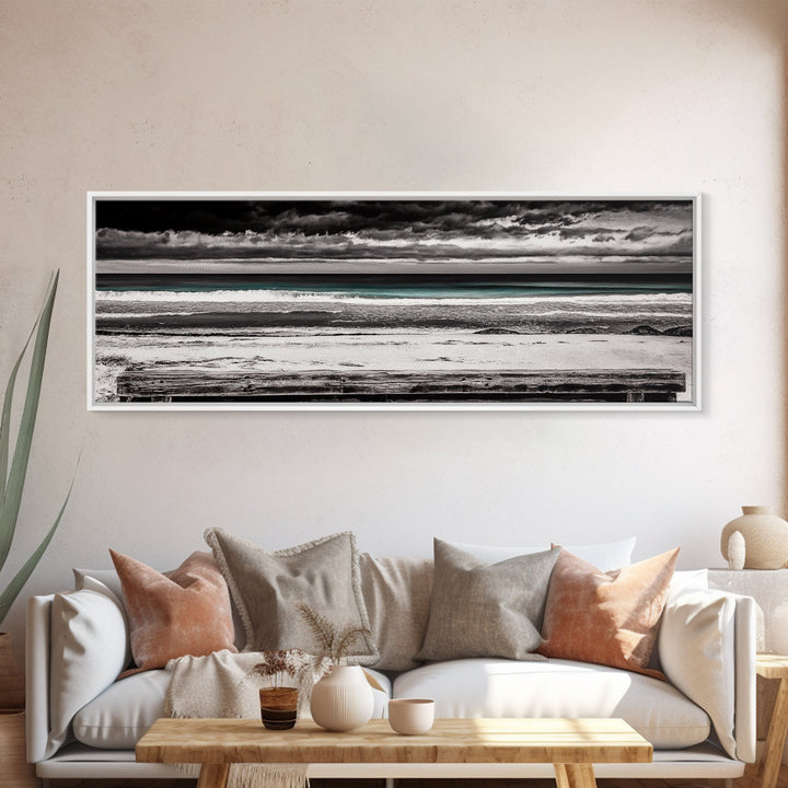 Ocean Bench, Beach Serenity, Black and White Seascape, Minimalist Art, Framed Canvas Print, Calm Coastal, Meditation Space