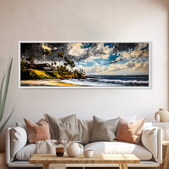 Beach Escape, Cliffside Home, Coastal Scene, Canvas Print, Ocean Landscape, Beach House Art, Nautical Decor, Living Room Artwork
