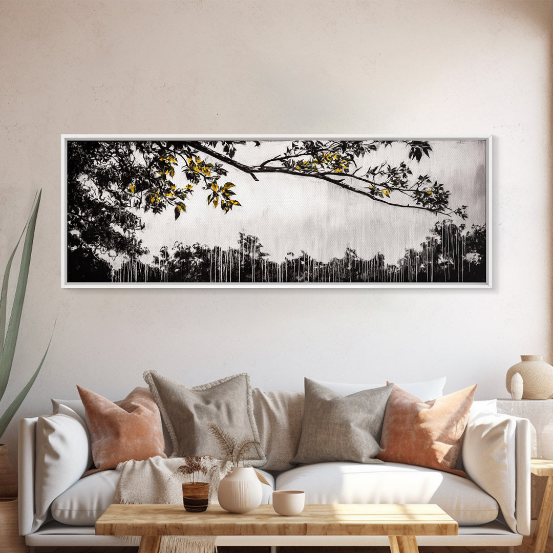 Black White, Dripping Leaves, Modern Art, Framed Canvas Print, Minimalist Decor, Neutral Wall Art, Living Room Wall Art, Monochrome Nature Scene