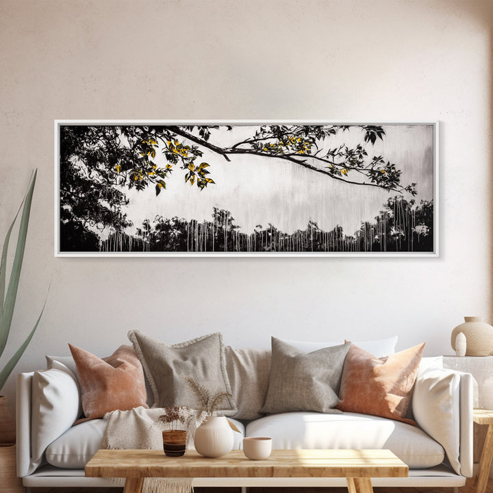 Black White, Dripping Leaves, Modern Art, Framed Canvas Print, Minimalist Decor, Neutral Wall Art, Living Room Wall Art, Monochrome Nature Scene