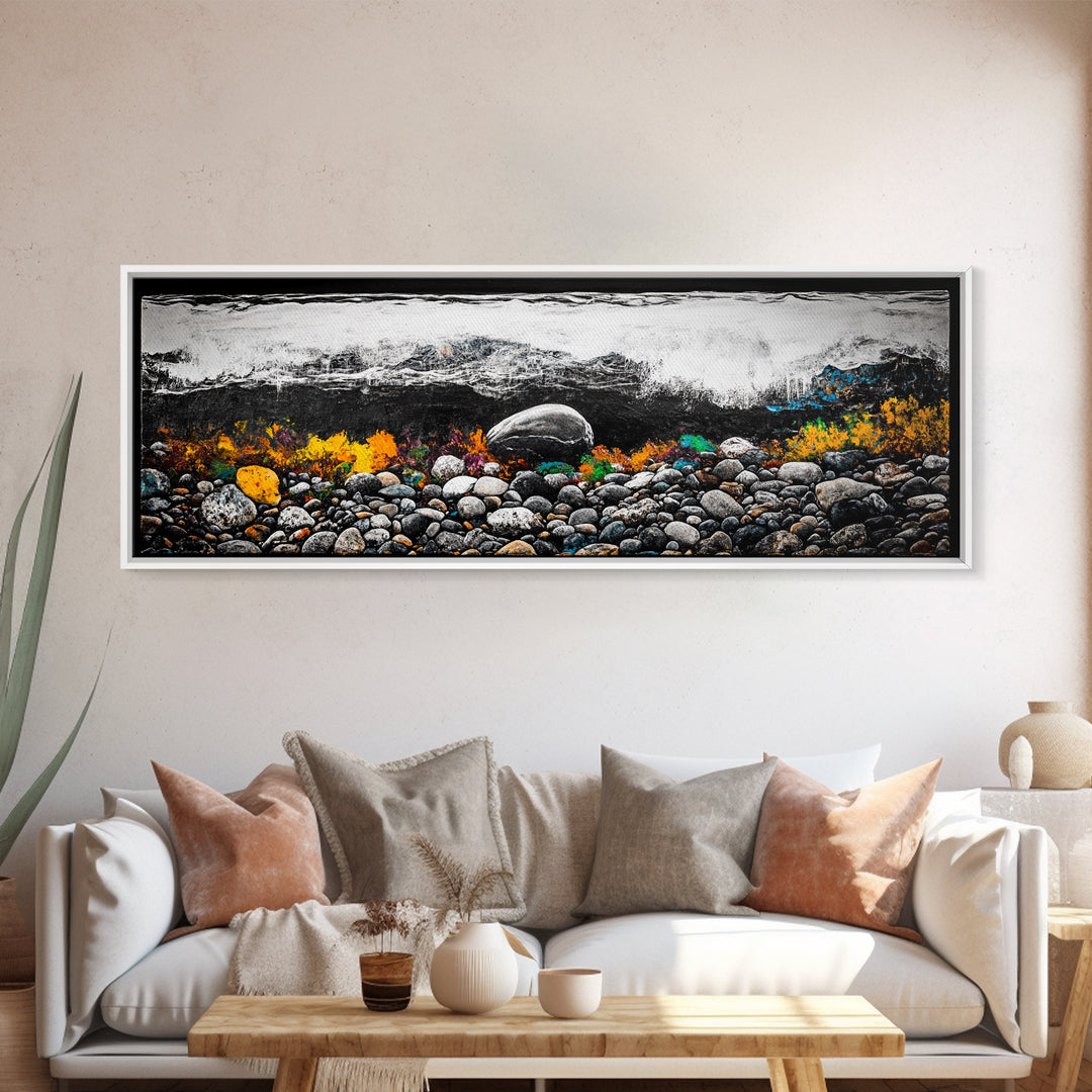 Pebble Beach, Ocean Waves, Coastal Rocks, Canvas Print, Nautical Home Decor, Beach House Art, Nature-Inspired Wall Art, Minimalist Seascape