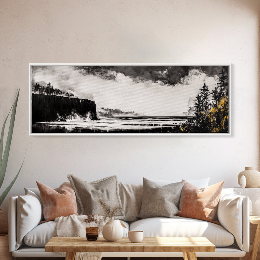 Cliffside Ocean, Dramatic Seascape, Moody Coast, Monochrome, Framed Canvas Print, Coastal Wall Art, Nautical Decor, Large Wall Art