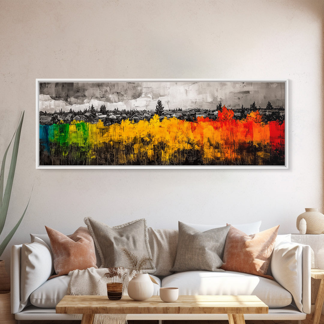 Autumn Trees, Village Scene, Vibrant Fall Decor, Warm Seasonal Print, Nature Inspired Artwork, Living Room Wall Art, Framed Canvas Print