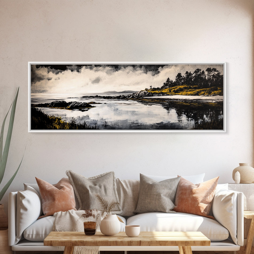 Coastal Reflection, Black White Art, Framed Canvas Print, Modern Landscape Art, Minimalist Decor, Large Wall Art, Bedroom Wall Art