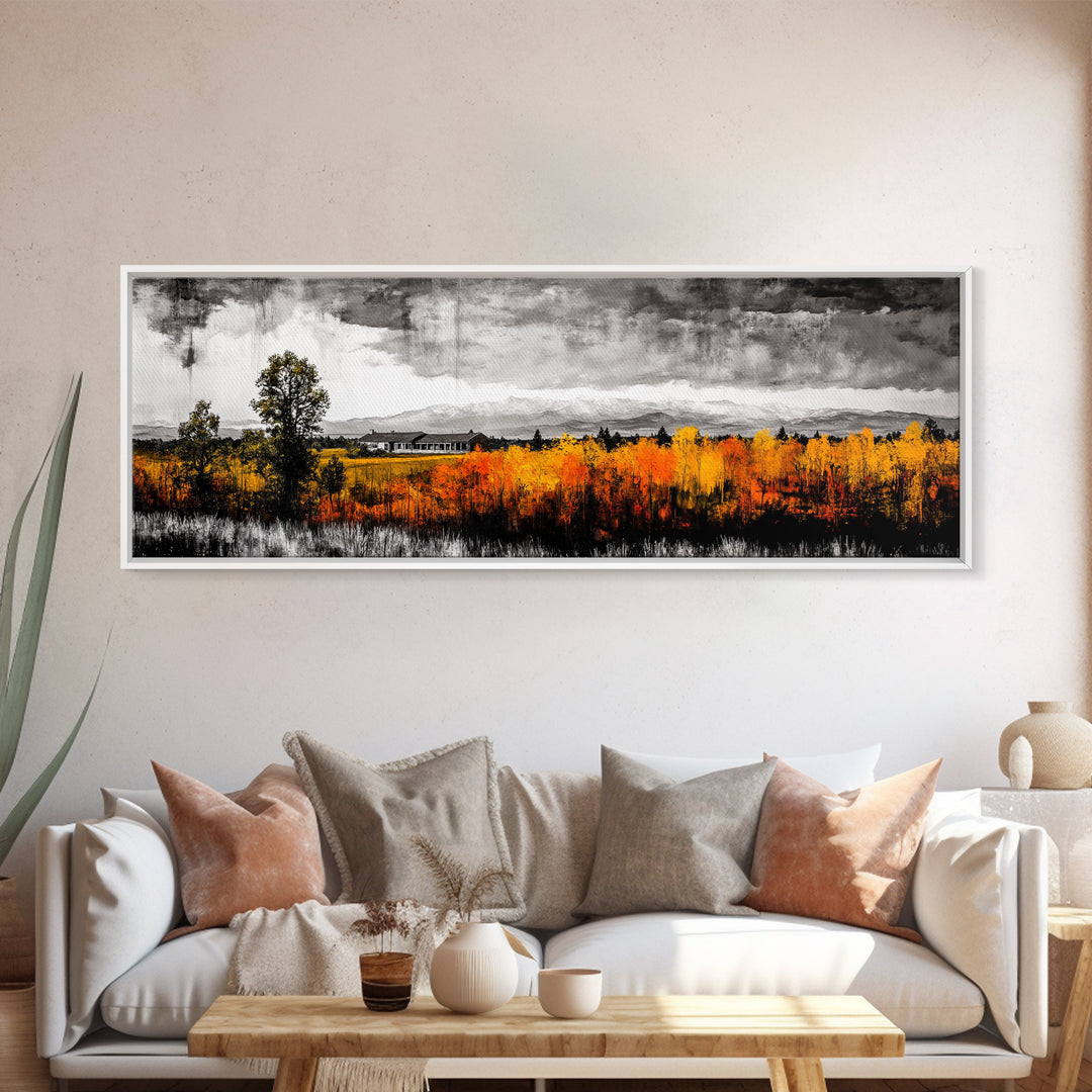 Autumn Landscape, Rustic Cabin Art, Mountain View, Fall Trees, Country Home, Black and White, Living Room Decor, Framed Canvas Print