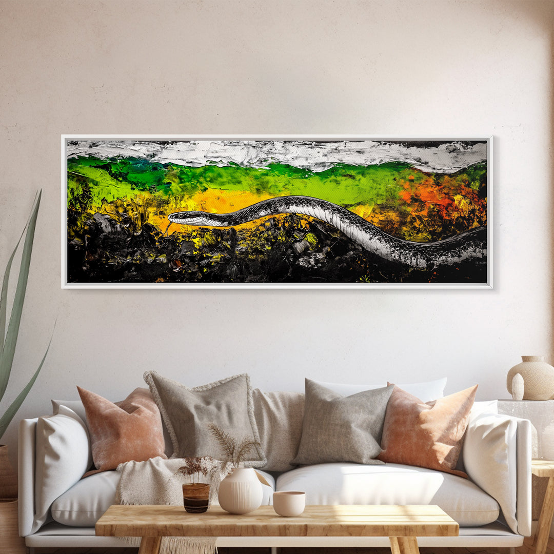 Abstract Snake, Vibrant Reptile Art, Jungle Theme, Wildlife Painting, Green and Yellow, Bold Nature Print, Framed Canvas Print
