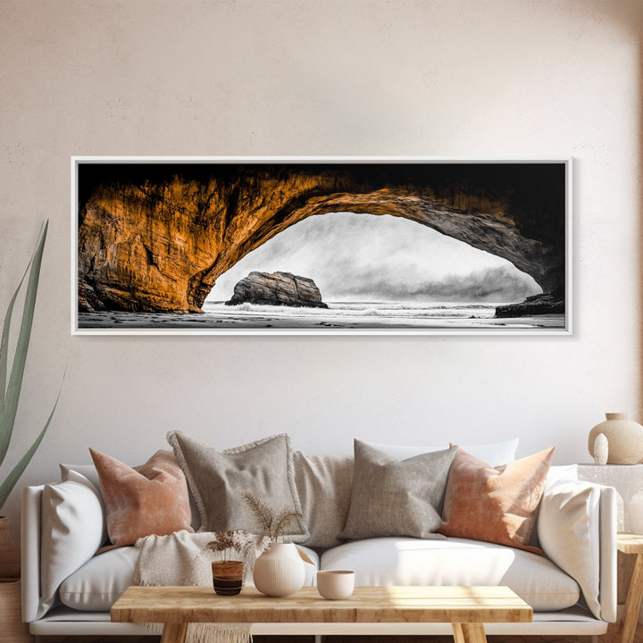 Natural Arch, Coastal Cliff Art, Black and White Landscape, Beach Rock Formation, Dramatic Seascape, Home Wall Decor, Canvas Print