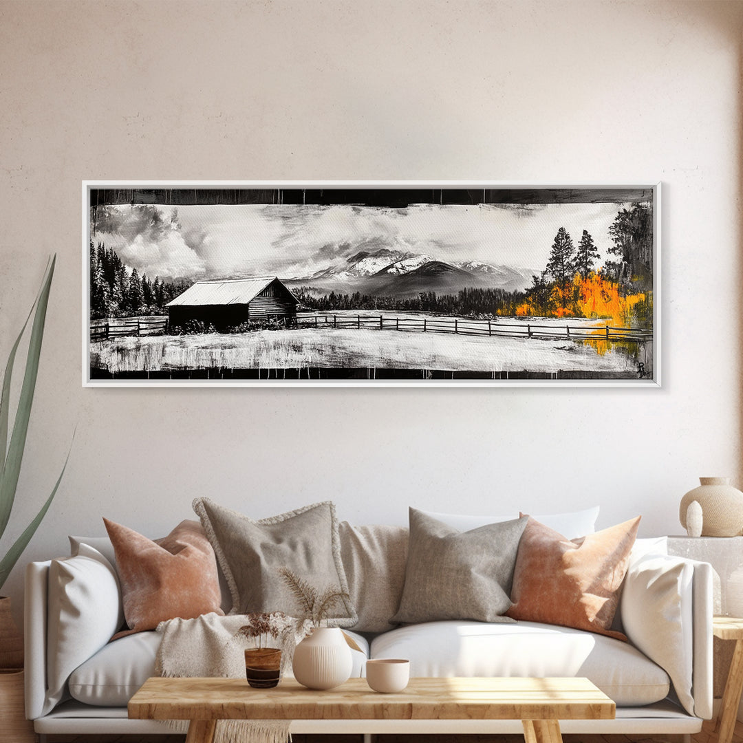 Cabin in Mountains, Rustic Winter Scene, Black and White Art, Fall Forest Accent, Cozy Lodge, Living Room Decor, Framed Canvas Print