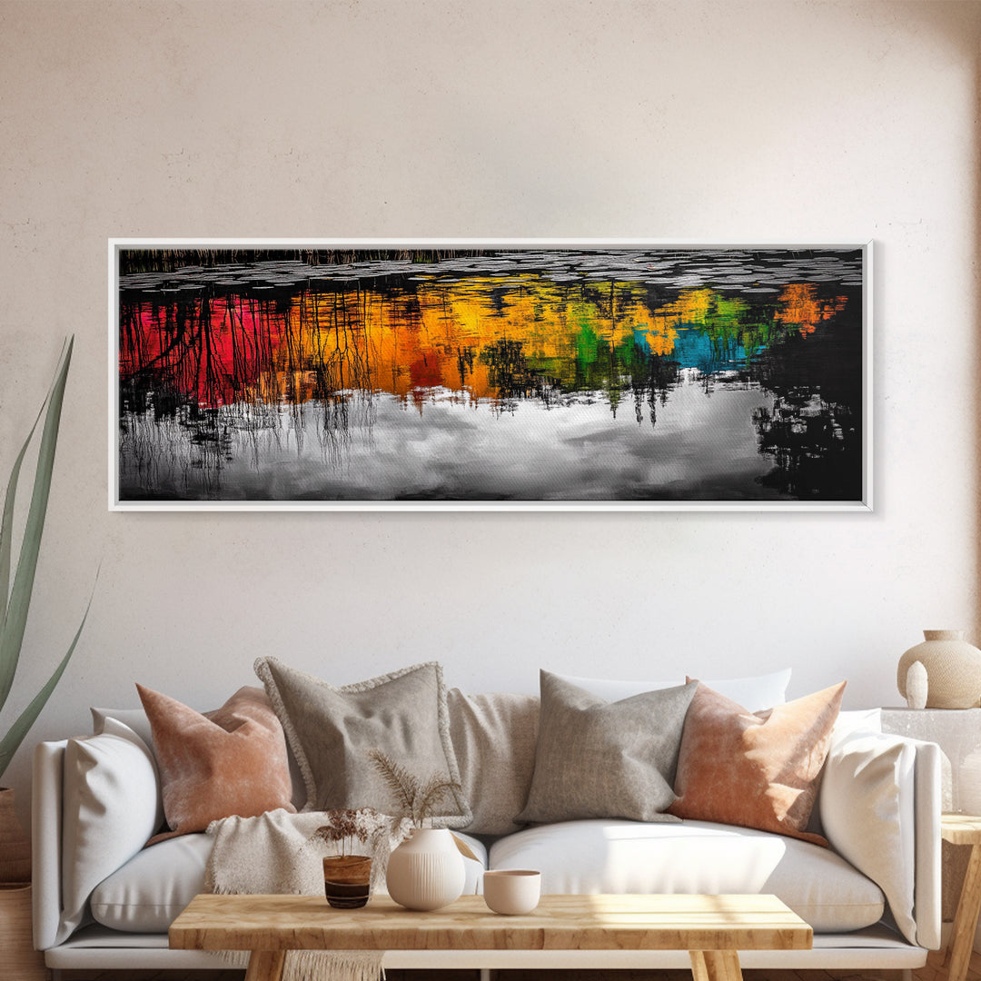 Colorful Reflection, Abstract Water Art, Nature Painting, Autumn Trees, Vibrant Colors, Black and White Contrast, Canvas Print