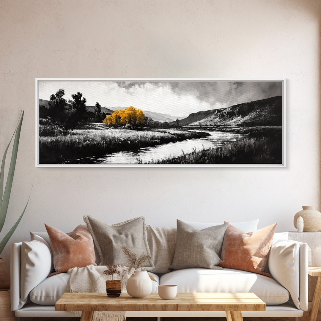River Landscape, Rustic Nature Art, Black and White with Yellow Accent, Peaceful Scenery, Living Room Decor, Canvas Print