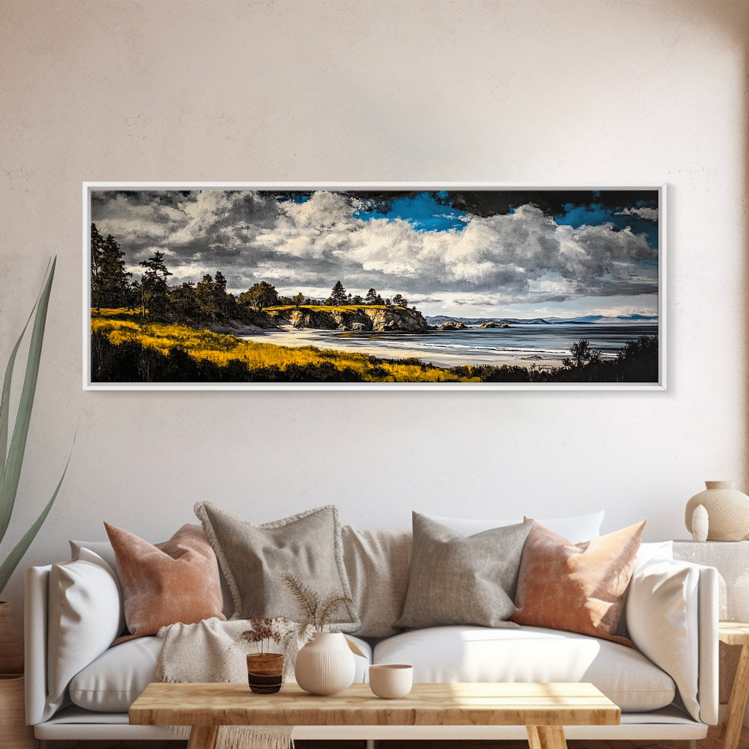 Dramatic Beach, Blue Sky, Coastal Landscape Art, Canvas Print, Modern Nature Decor, Living Room Artwork, Large Scenic Wall Art