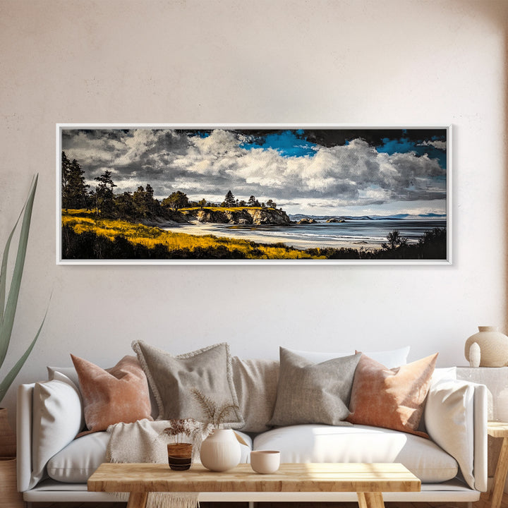 Dramatic Beach, Blue Sky, Coastal Landscape Art, Canvas Print, Modern Nature Decor, Living Room Artwork, Large Scenic Wall Art