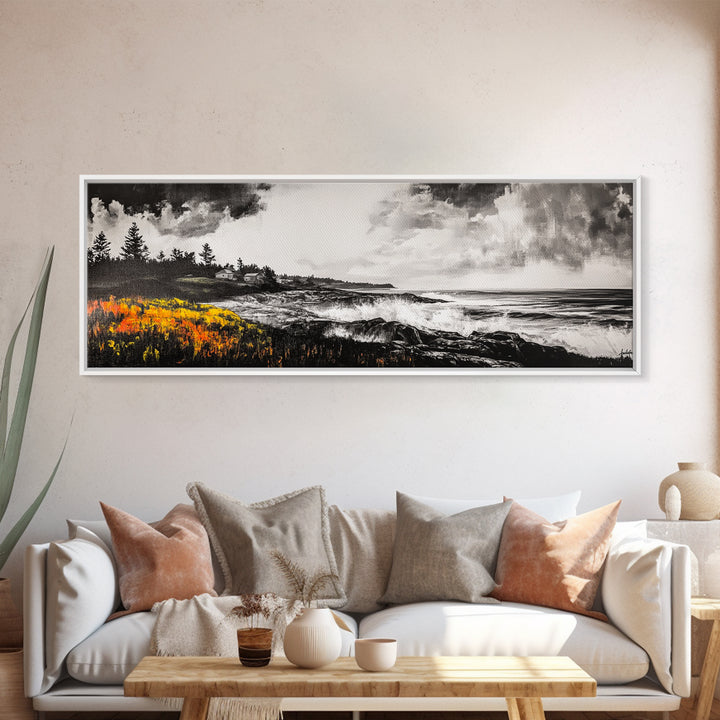 Coastal Storm, Monochrome Seascape, Bold Ocean Art, Framed Canvas Print, Black White Yellow, Living Room Wall Decor, Nautical Artwork