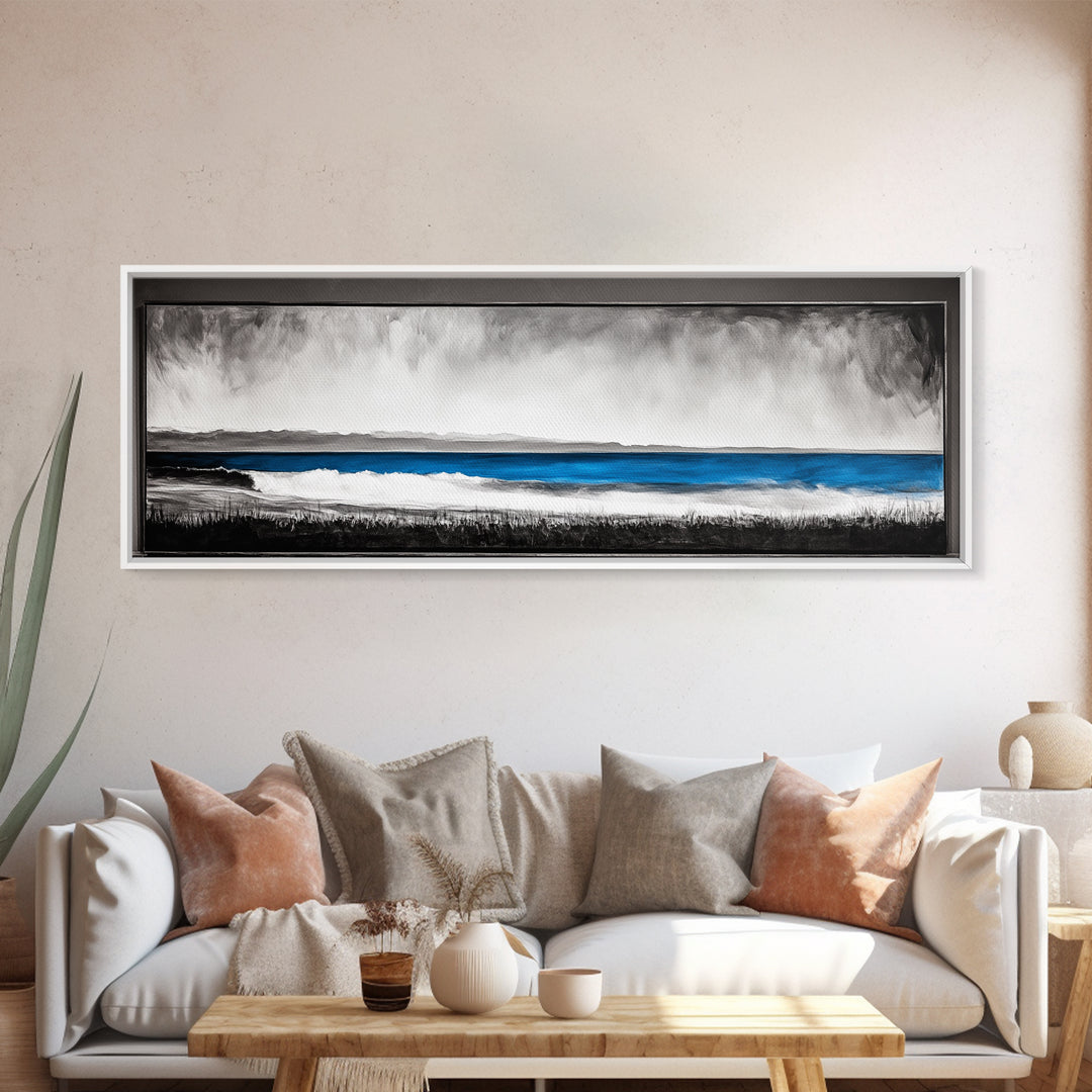 Coastal Serenity, Ocean Waves, Minimalist Decor, Framed Canvas Print, Modern Beach Wall Art, Living Room Artwork, Blue Seascape