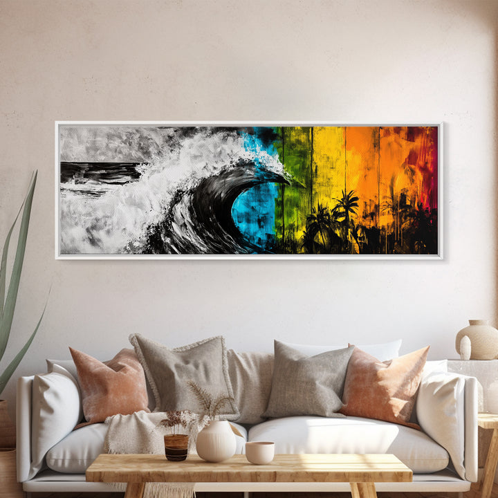 Ocean Wave Painting, Coastal Wall Art, Beach Sunset Decor, Tropical Nature Print, Vibrant Abstract Art, Framed Canvas Print