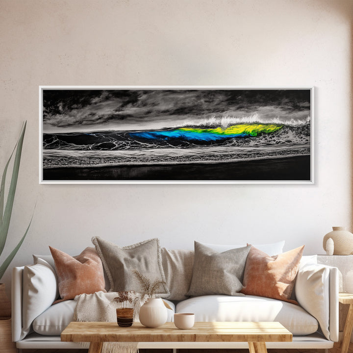 Black, White, Wave, Framed Canvas Print, Surf Wall Art, High Contrast Ocean Scene, Modern Coastal Decor, Contemporary Wave Painting, Monochrome