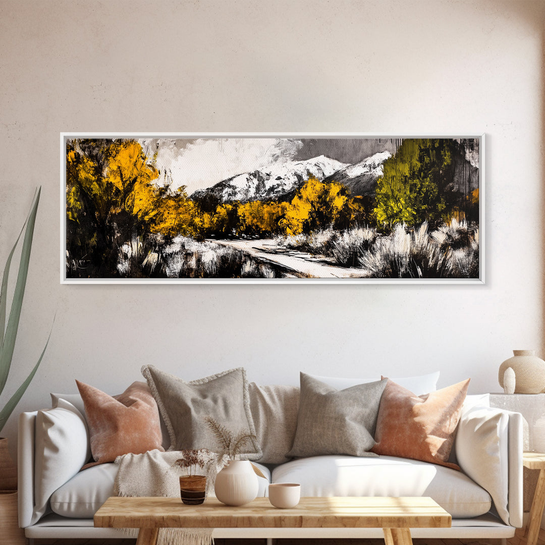 Autumn Forest Scene, Yellow Tree Painting, Rustic Nature Print, Cozy Living Room Wall Decor, Large Canvas Print, Framed Canvas Print