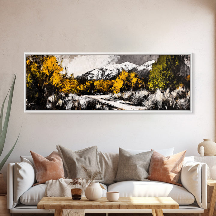 Autumn Forest Scene, Yellow Tree Painting, Rustic Nature Print, Cozy Living Room Wall Decor, Large Canvas Print, Framed Canvas Print
