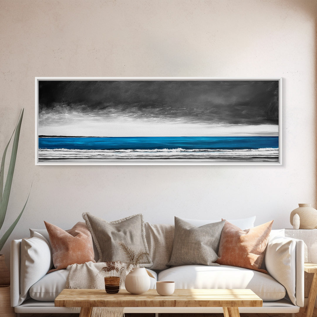 Blue Ocean, Moody Seascape, Coastal Wall Art, Minimalist Beach Scene, Black and White Decor, Framed Canvas Print, Bathroom Wall Art