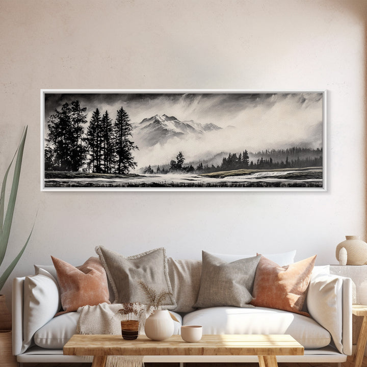 Mountain, Misty Landscape, Black and White, Forest, Framed Canvas Print, Large Wall Art, Minimalist Art, Modern Home Decor, Bedroom Wall Art