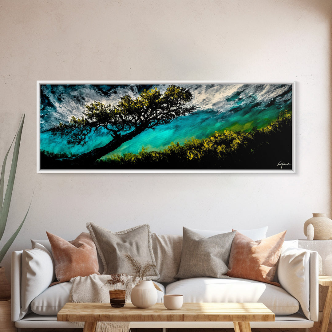 Abstract, Windy Tree, Coastal, Storm, Framed Canvas Print, Moody Wall Art, Large Wall Art, Nature Art, Modern Home Decor, Living Room Wall Art