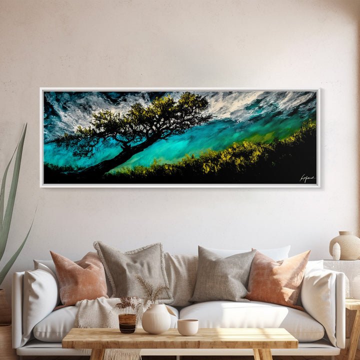 Abstract, Windy Tree, Coastal, Storm, Framed Canvas Print, Moody Wall Art, Large Wall Art, Nature Art, Modern Home Decor, Living Room Wall Art