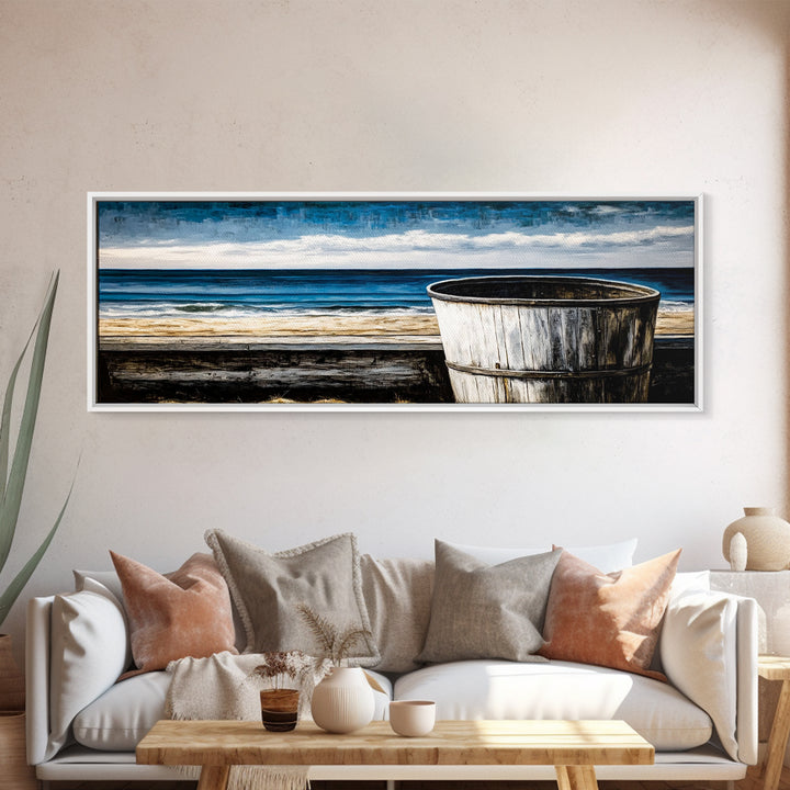 Beach Barrel, Nautical Wall Art, Coastal Home Decor, Canvas Print, Ocean Blue Wall Art, Rustic Seaside, Living Room Decor, Beach House Art