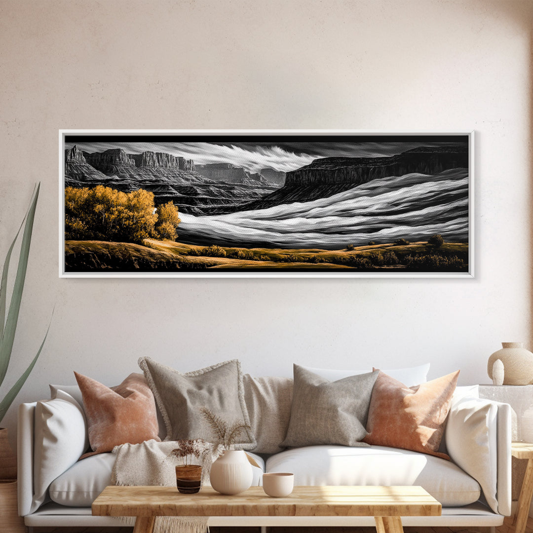 Desert Canyon, Black and White Landscape, Rustic Western Art, Framed Canvas Print, Fall Wall Art, Nature Photography Style