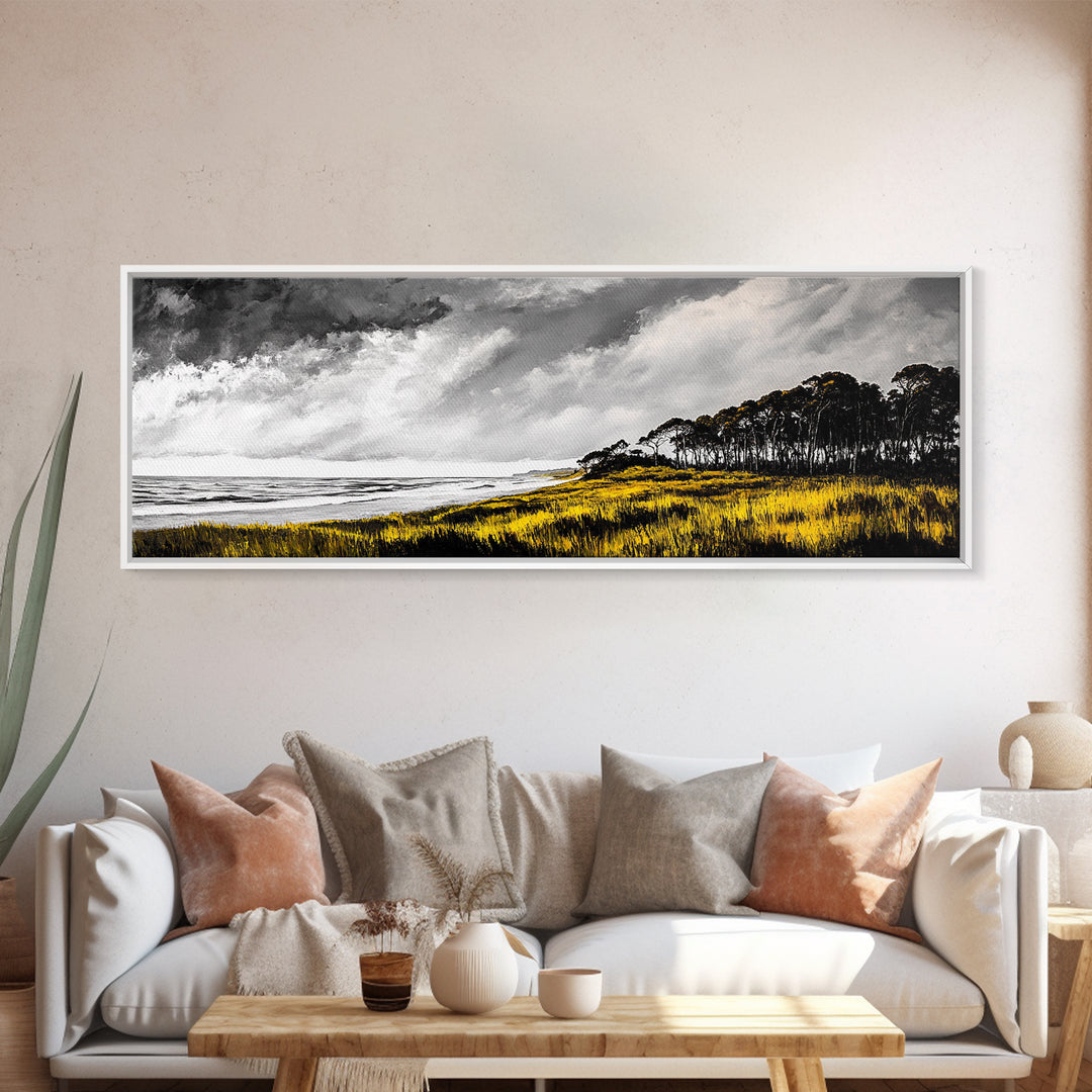 Coastal Serenity, Yellow Field, Stormy Sky, Canvas Print, Ocean Landscape, Beach House Art, Modern Nature Painting, Living Room Wall Decor