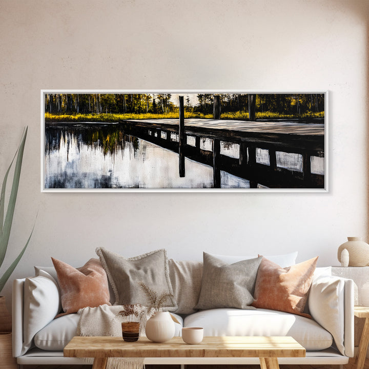 Lakeside Dock, Reflection Art, Serene Water, Framed Canvas Print, Tranquil Nature Scene, Rustic Cabin Decor, Woodland Wall Art, Large Art