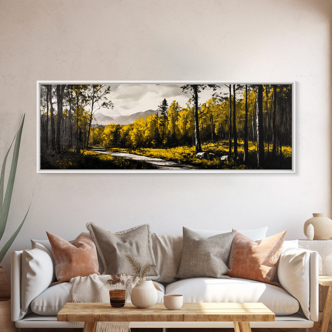 Forest Path, Golden Trees, Autumn Landscape, Canvas Print, Rustic Nature Art, Cozy Cabin Decor, Fall Wall Art, Living Room Wall Decor