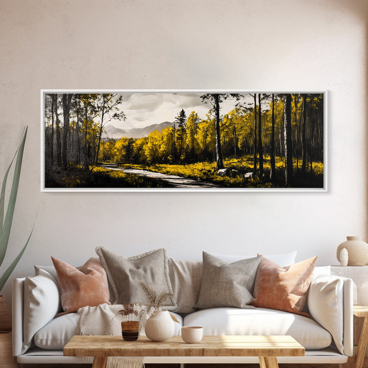 Forest Path, Golden Trees, Autumn Landscape, Canvas Print, Rustic Nature Art, Cozy Cabin Decor, Fall Wall Art, Living Room Wall Decor
