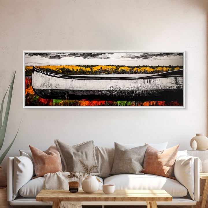 Autumn Canoe, Rustic Lake Art, Nature Wall Decor, Canvas Print, Fall Landscape Painting, Outdoor Adventure Art, Cabin Wall Art, Canoe Artwork