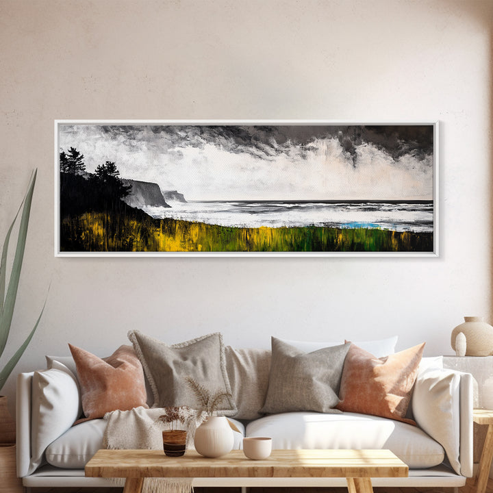 Cliffside View, Misty Ocean, Yellow Grass, Canvas Print, Coastal Landscape, Fall Wall Art, Nature Painting, Living Room Home Decor