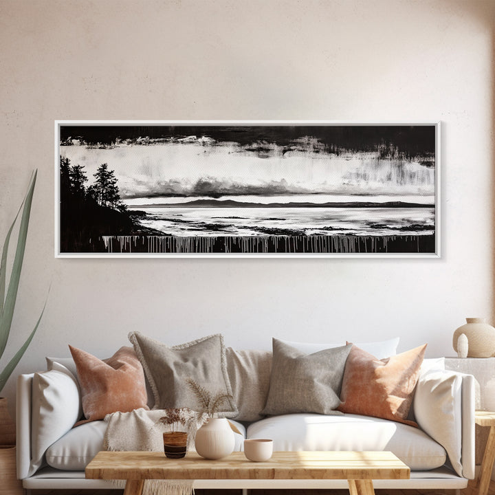 Black White Seascape, Ocean Storm, Dramatic Sky, Framed Canvas Print, Minimalist Art, Coastal Wall Decor, Office Accent, Nautical Home Art