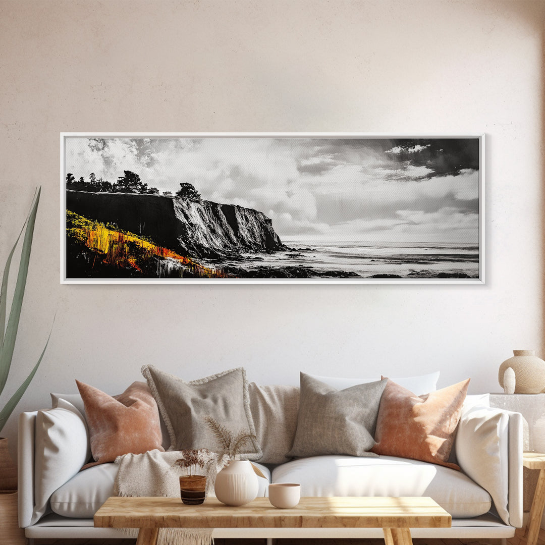 Coastal Cliff Painting, Black and White Seascape, Ocean View Artwork, Modern Nautical Decor, Beach House Wall Art, Framed Canvas Print